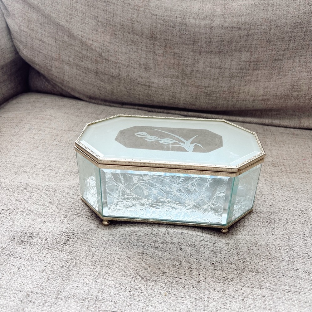 Etched Glass and Brass Jewelry Trinket Box